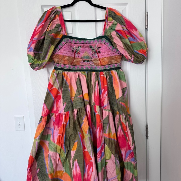 FARM Rio Dresses & Skirts - FARM Rio Multicolor Puff-Sleeve Midi Dress — Pink, Green, Orange